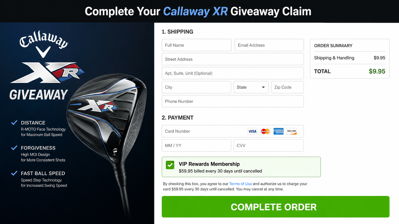 Golf giveaway checkout showing a small shipping fee and recurring membership terms