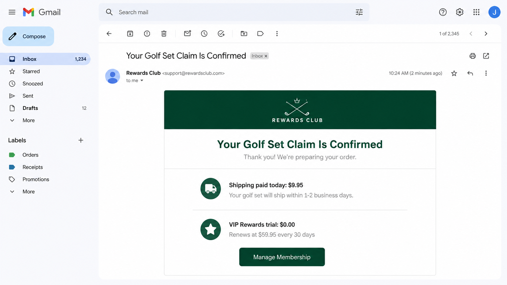 Golf giveaway receipt separating the shipping payment from a recurring rewards membership