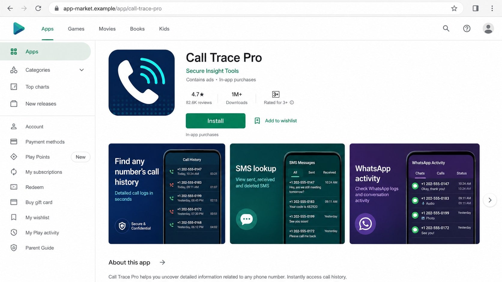 Android app listing promising call and message history for any telephone number