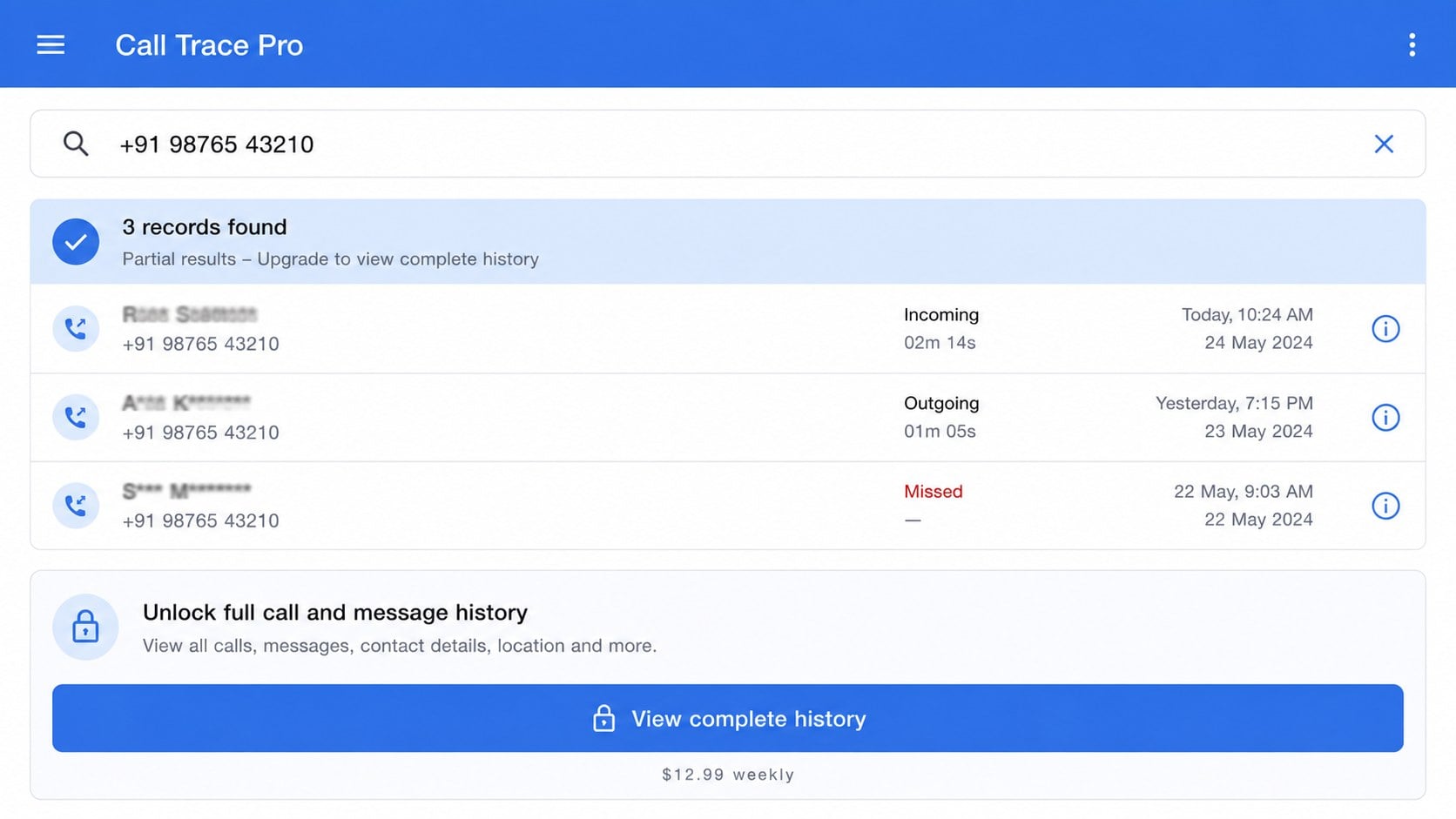 Fake call history results blurred behind a weekly subscription paywall
