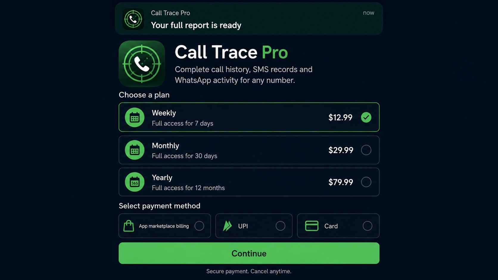 Call tracking app subscription screen offering weekly monthly and yearly plans