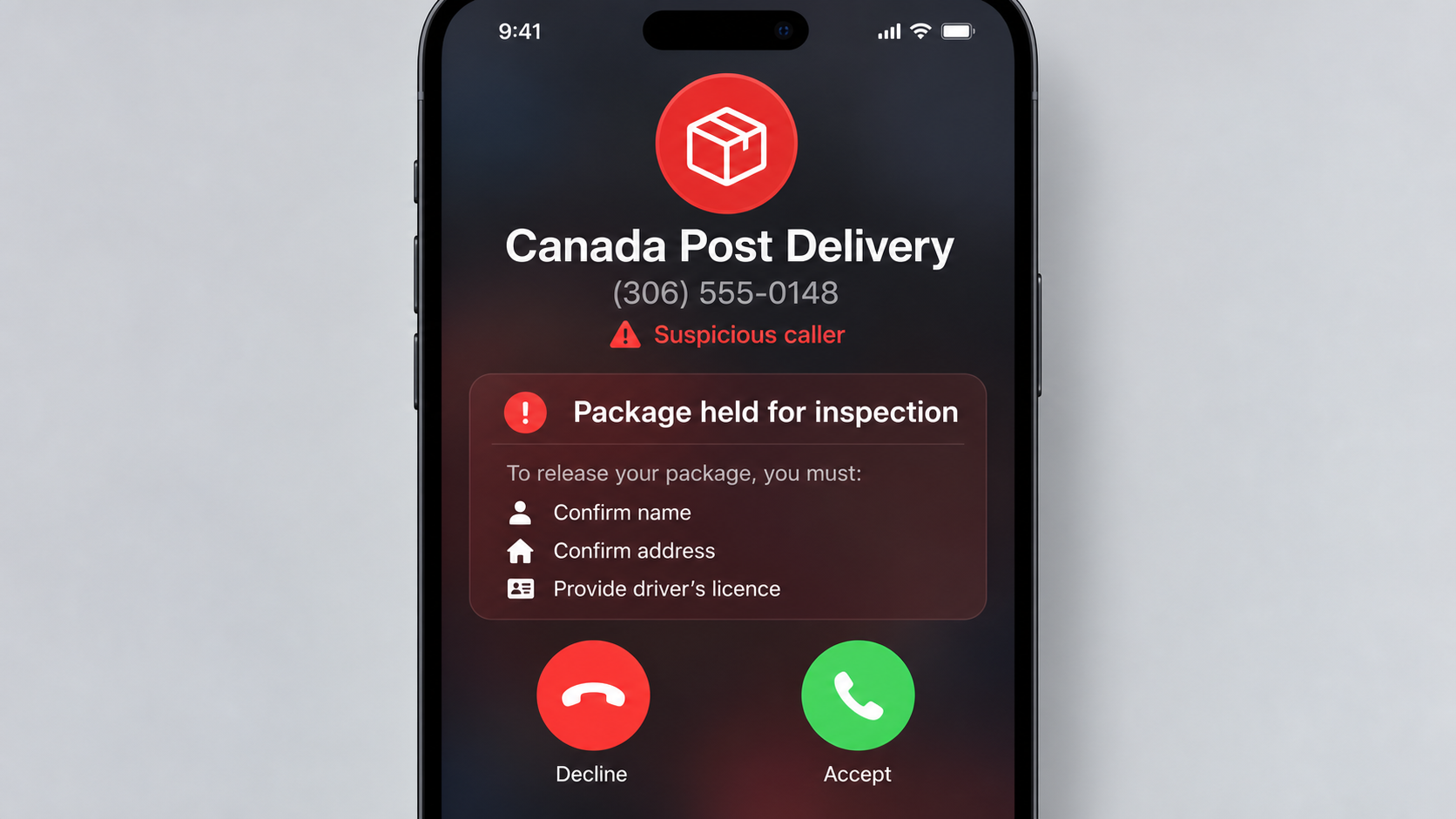 Realistic phone screen showing an incoming fake Canada Post package verification call