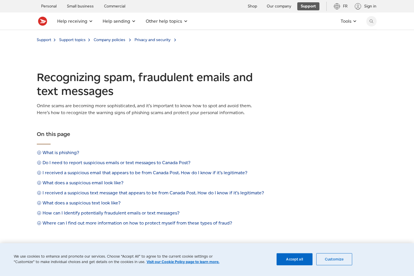 Official Canada Post security guidance explaining how to respond to suspicious communications