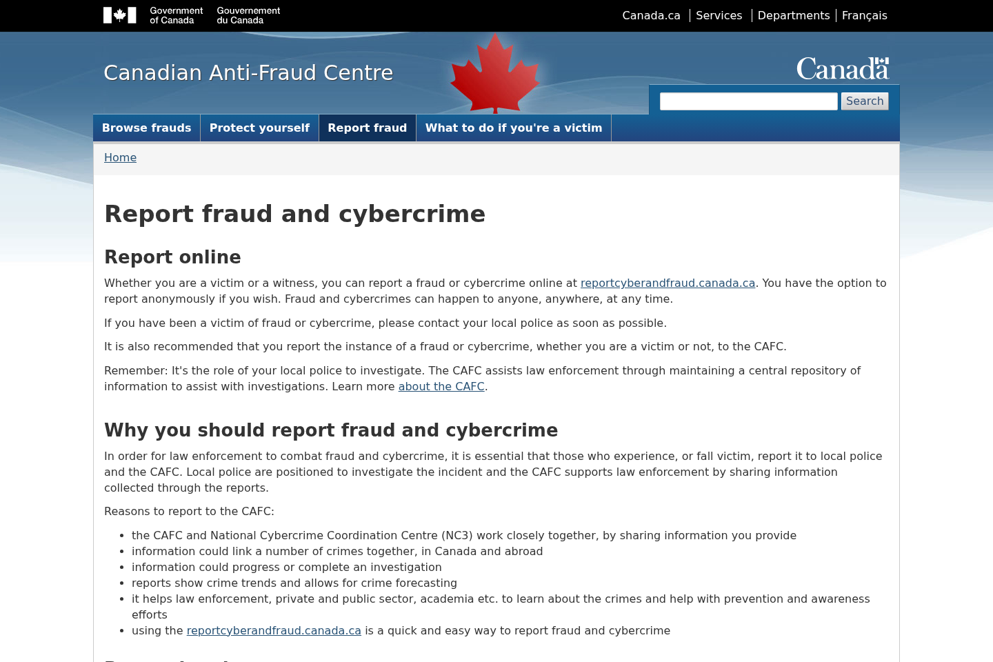 Canadian Anti-Fraud Centre official reporting page for fraud and cybercrime incidents