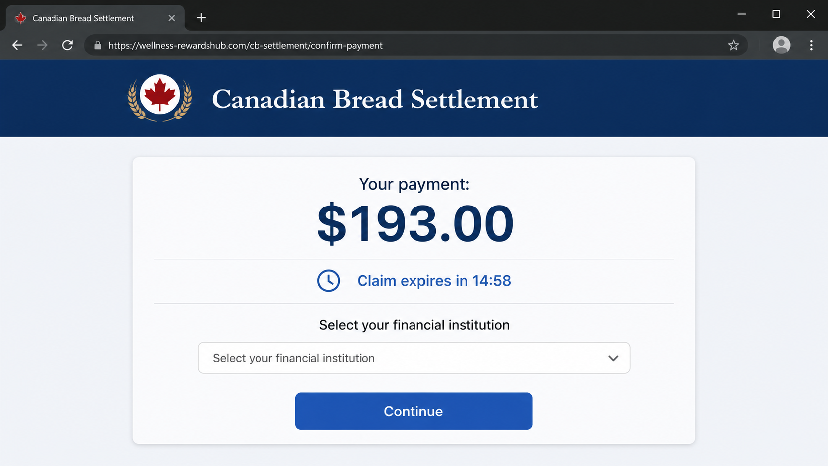 Canadian claimant checking a suspicious bread settlement message on the official website