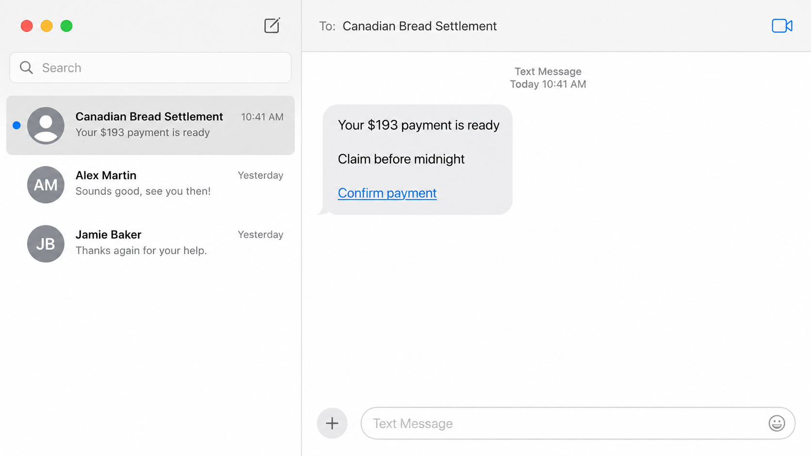 Realistic Canadian Bread Settlement scam text promising an unclaimed payout