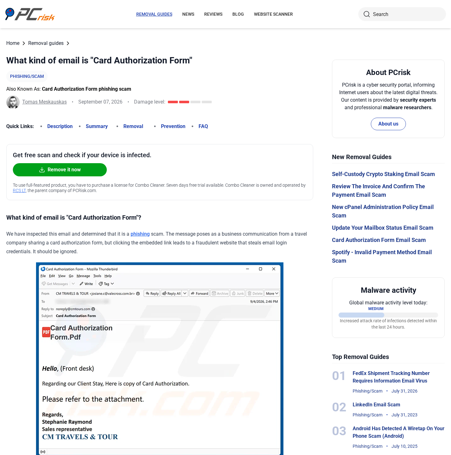 Investigation page showing the Card Authorization Form phishing email sent to hotels