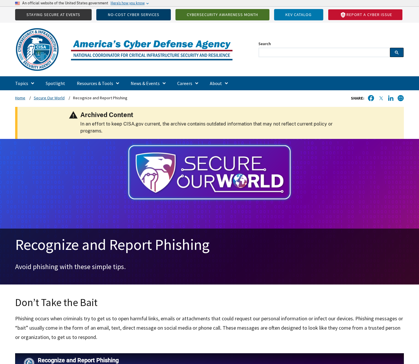 CISA guidance page explaining how to recognize and report phishing