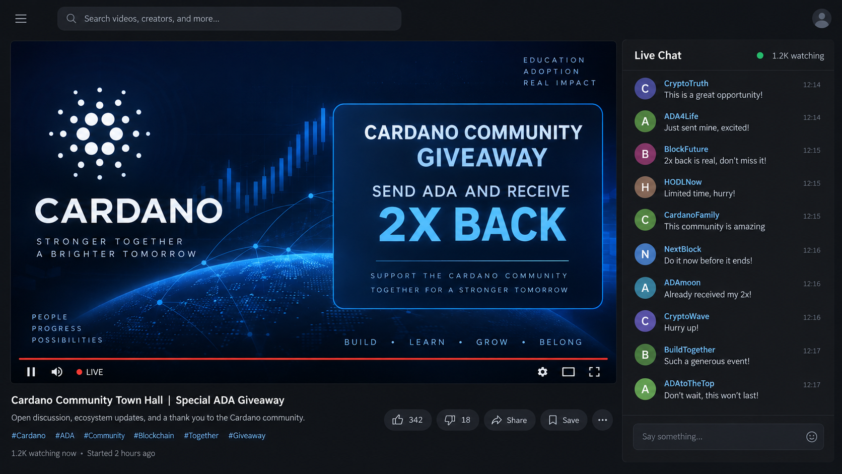Cardano YouTube Giveaway Scam Exposed: Fake Livestream Promises Double ADA 1 Illustrative reconstruction of a fake Cardano giveaway livestream promising double ADA