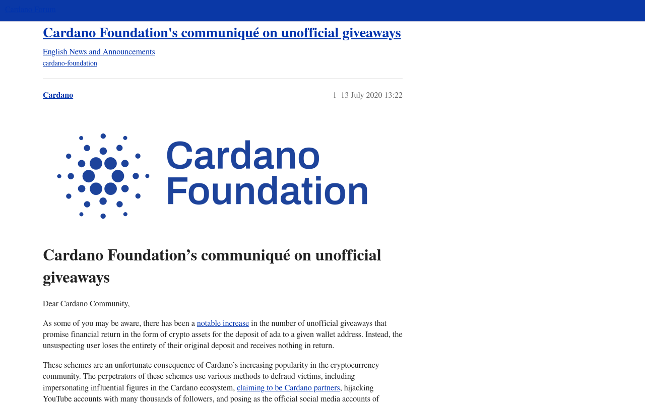 Cardano YouTube Giveaway Scam Exposed: Fake Livestream Promises Double ADA 2 Screenshot of the Cardano Foundation warning that unofficial ADA giveaways are scams