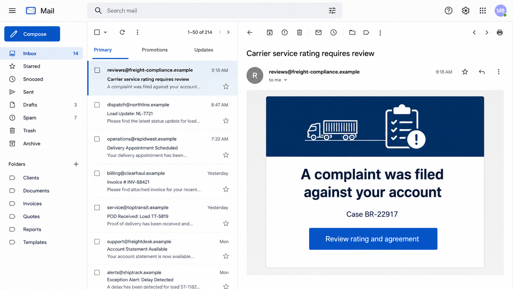 Fake carrier compliance email asking a freight broker to review a service rating