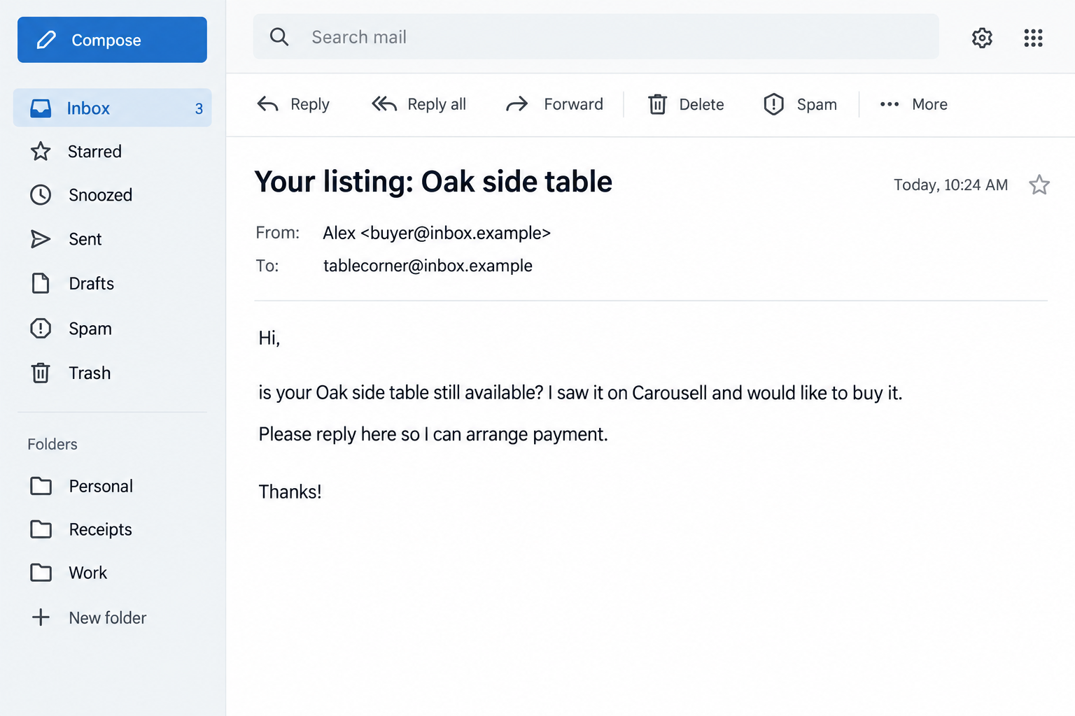 Illustrative Carousell buyer email referring to a fictional oak side table listing