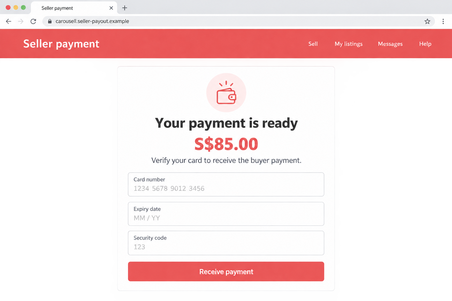 Illustrative fake seller payout page requesting card details to release an S$85 payment