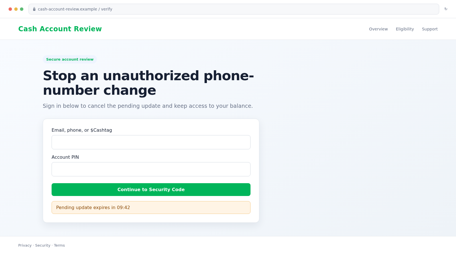 Reconstructed fake Cash App account review page requesting login and PIN details