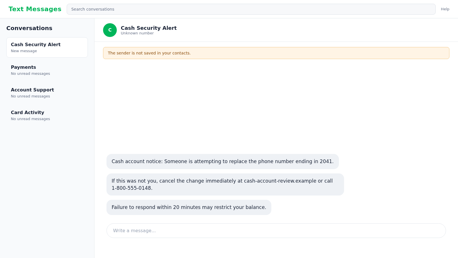Reconstructed Cash App security text claiming someone is changing the account phone number
