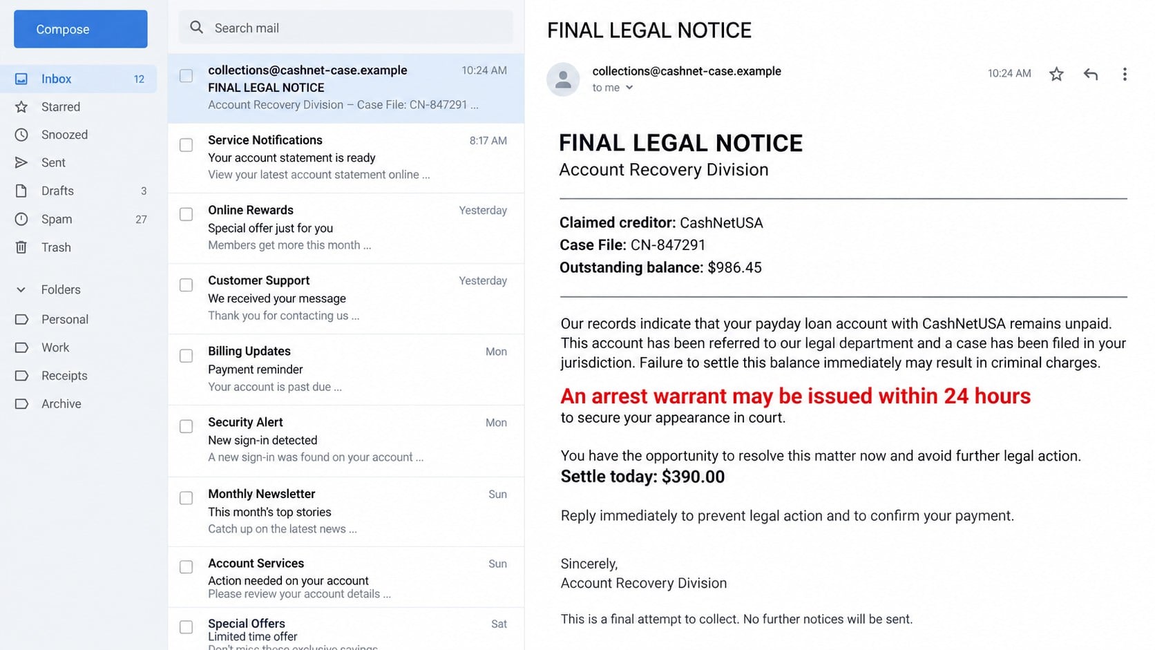 Reconstructed CashNetUSA arrest warrant scam email demanding a $390 settlement