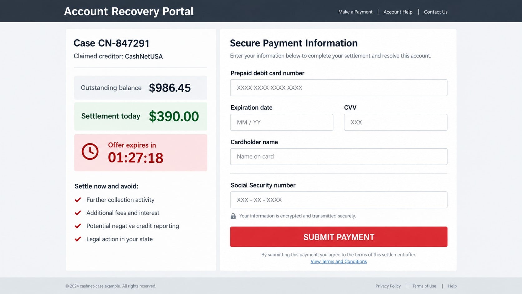 Reconstructed CashNetUSA impersonation settlement portal requesting prepaid card and Social Security details