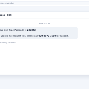 Reconstructed CDC one-time passcode scam text directing the recipient to call 02080727510