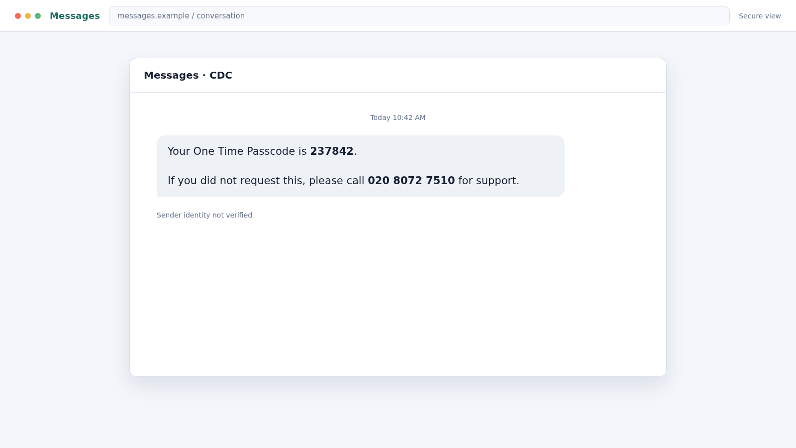 Reconstructed CDC one-time passcode scam text directing the recipient to call 02080727510