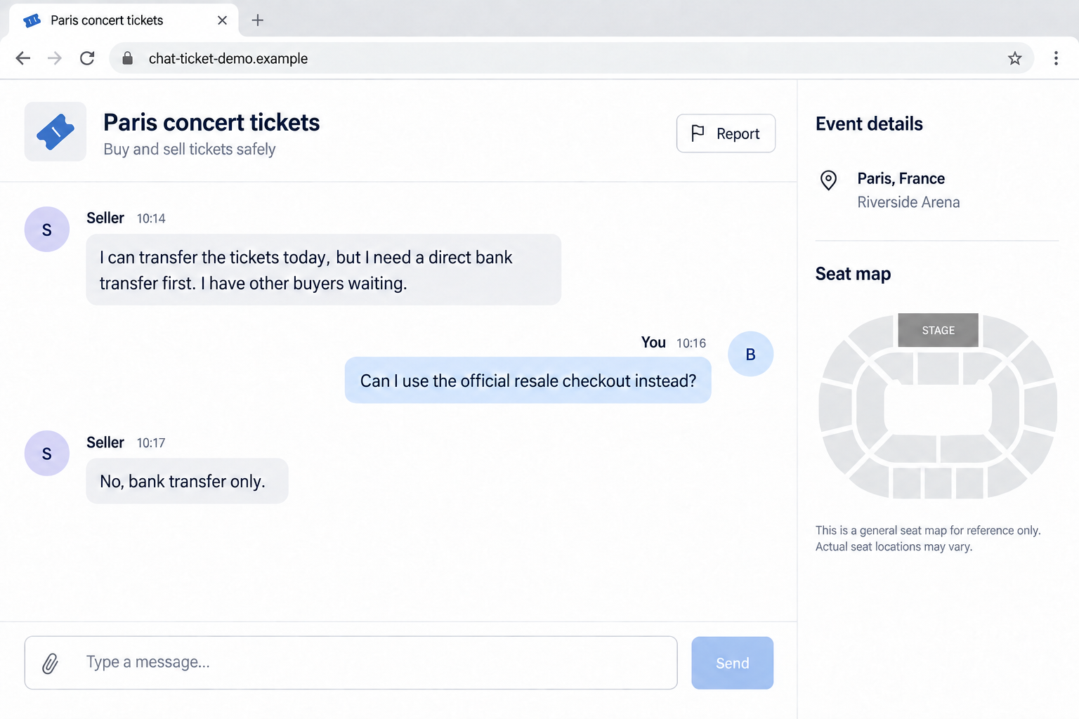 Fictional reconstruction of a concert-ticket chat where the seller refuses official resale checkout and demands bank transfer