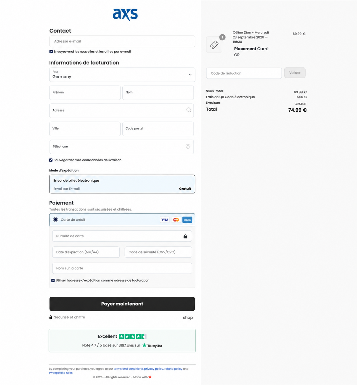 Group-IB capture of a fraudulent Celine Dion ticket checkout imitating AXS, with the tiny artist thumbnail replaced by an icon