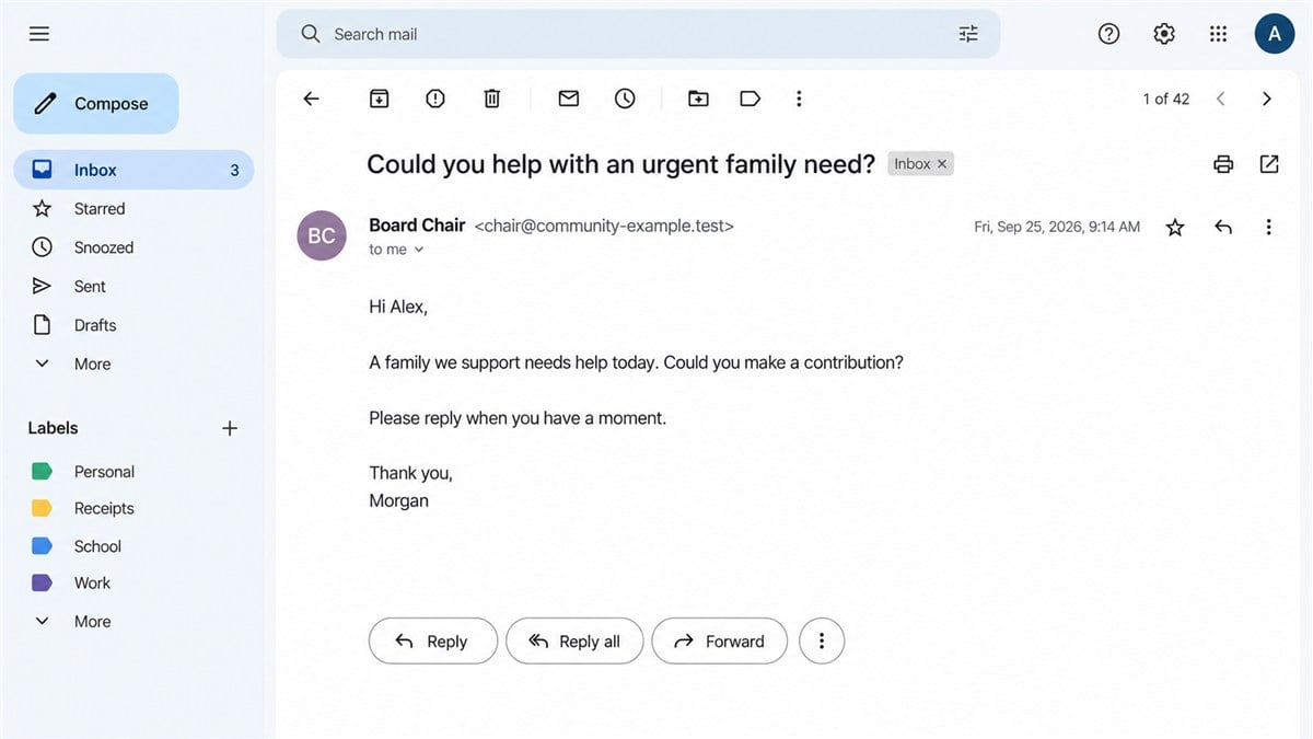 Charity Chair Email Scam Redirects Urgent Donations 1 Fictional reconstruction of an email impersonating a charity board chair and asking for urgent help