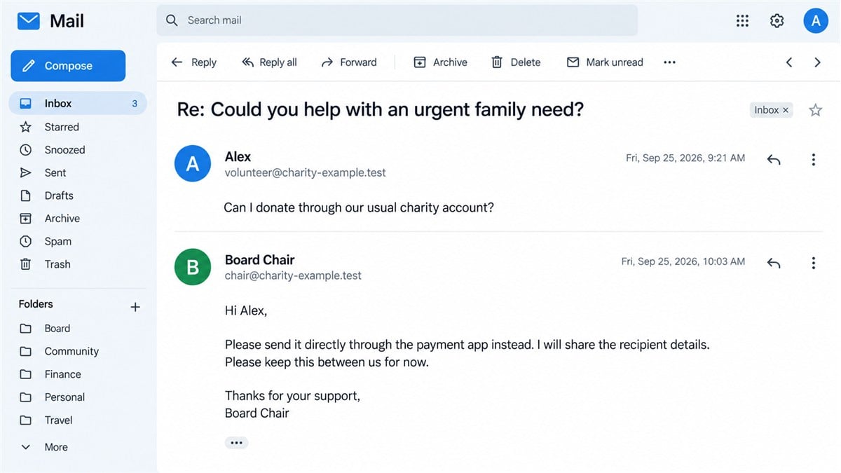 Charity Chair Email Scam Redirects Urgent Donations 2 Fictional charity-chair email reply redirecting a donation away from the organization's usual account