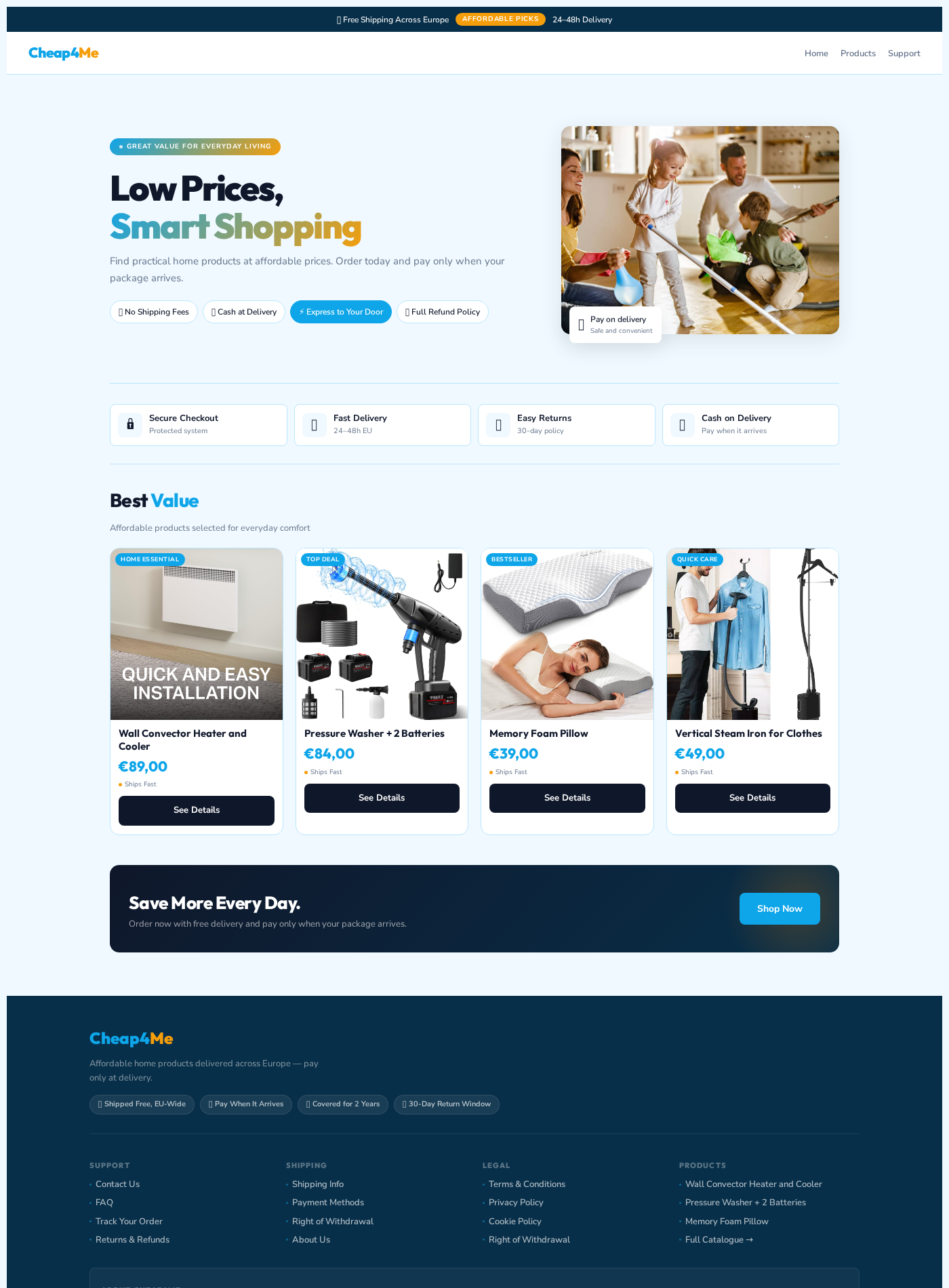 Cheap4Me Exposed: New Store, Conflicting Returns and Buyer Risks Checked 1 Cheap4Me homepage advertising low-priced home products, fast delivery, cash on delivery and easy returns