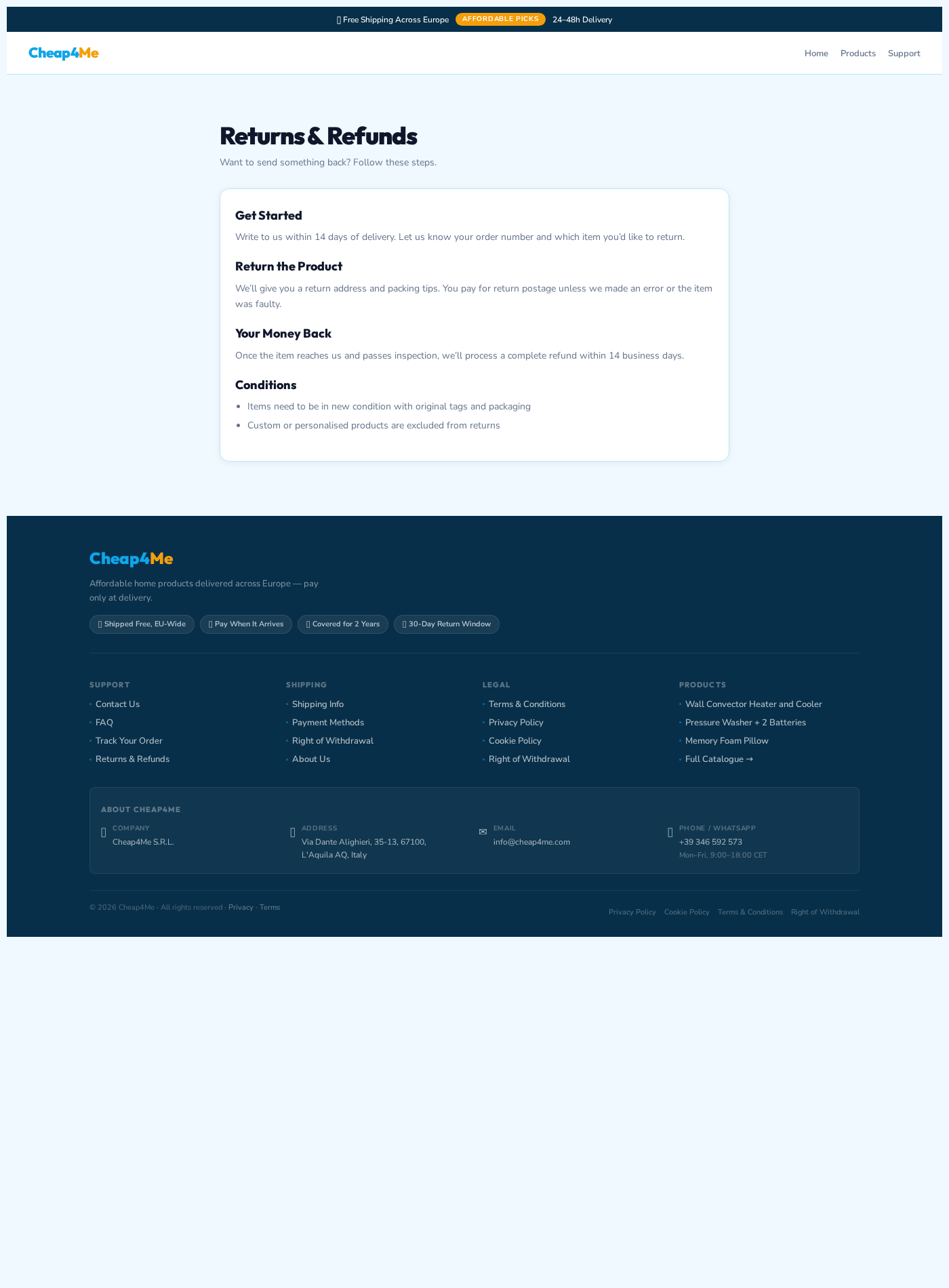 Cheap4Me Exposed: New Store, Conflicting Returns and Buyer Risks Checked 2 Cheap4Me returns page showing a 14-day request window and customer-paid return postage