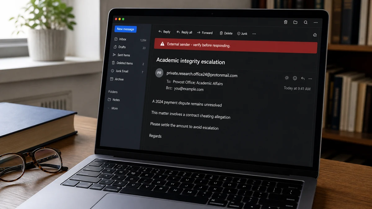 Fake Cheating Claim Threatens to Email a University Provost 2 Realistic laptop email reconstruction showing a recipient BCC'd on a fake message to university administrators