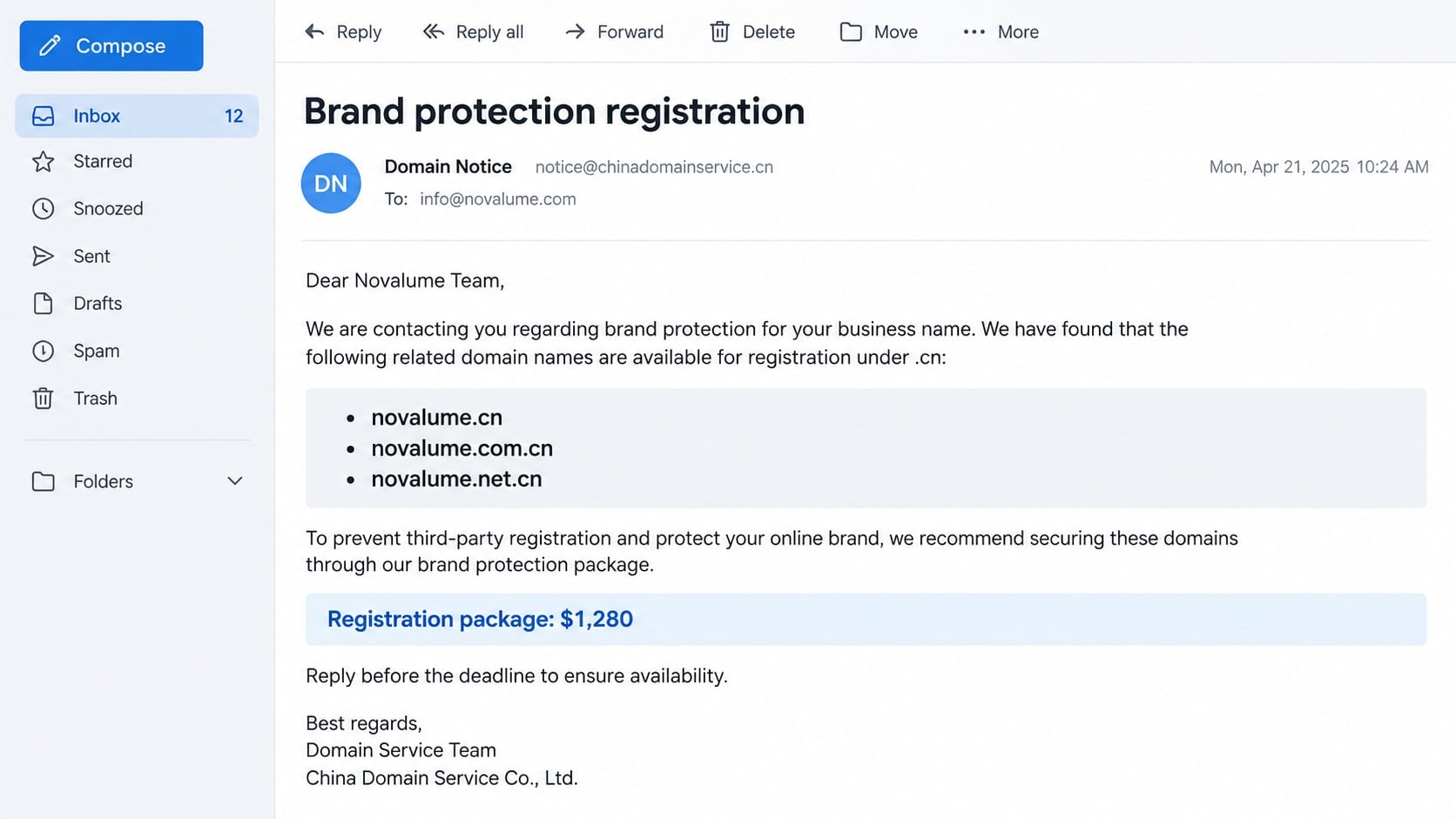 Reconstructed Chinaregistry follow-up email offering a $1,280 CN domain protection package