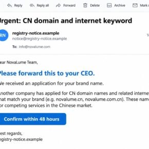 Reconstructed Chinaregistry domain scam email claiming another company applied for matching CN domains
