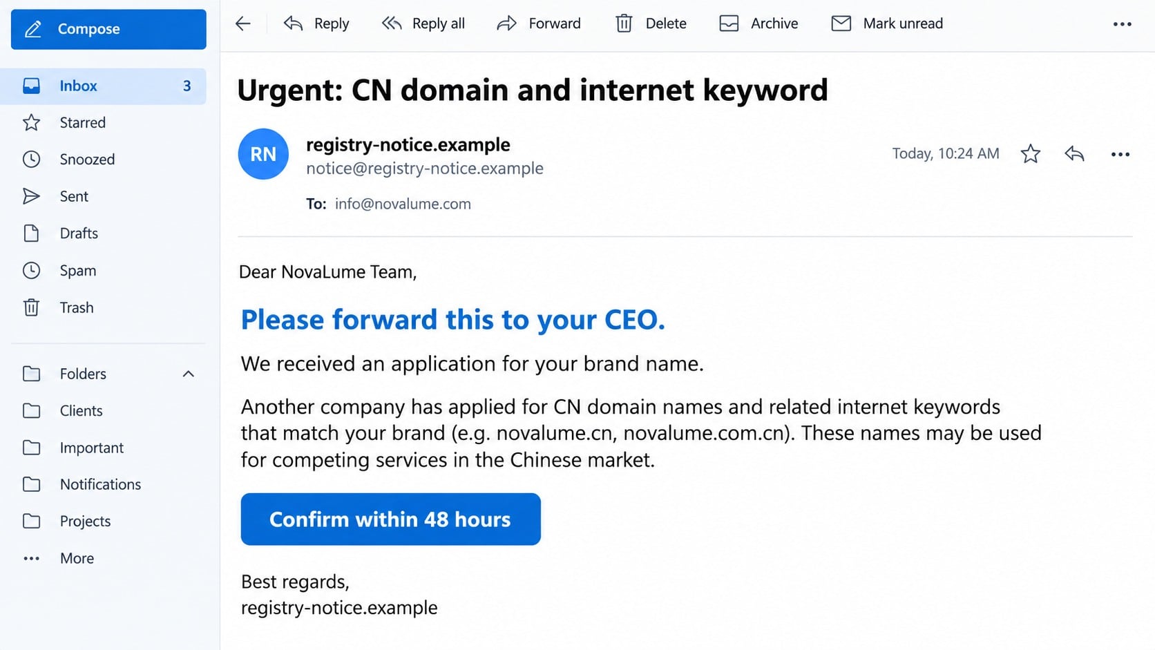 Reconstructed Chinaregistry domain scam email claiming another company applied for matching CN domains