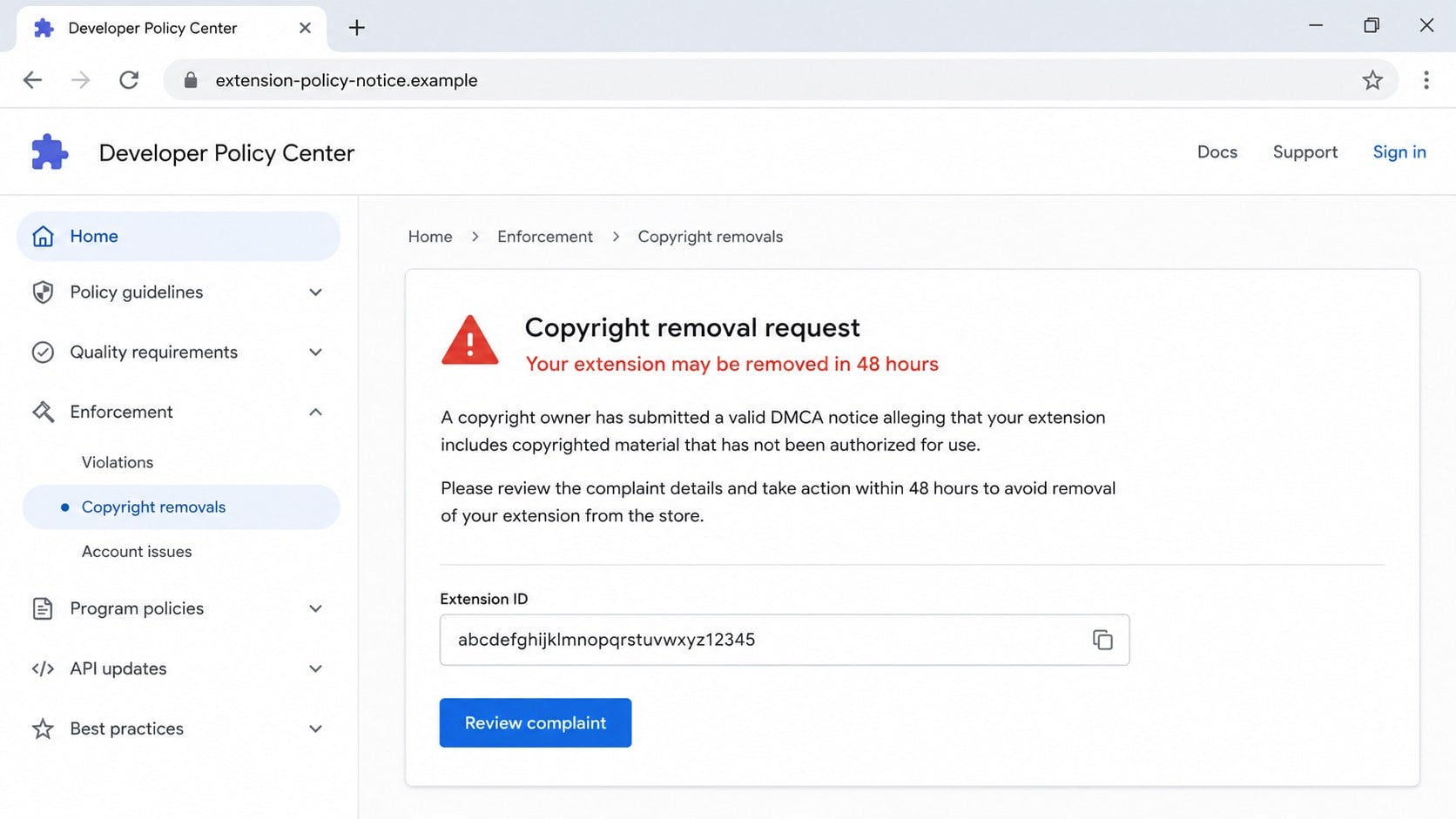 Fake Chrome Web Store copyright removal request sent to an extension developer