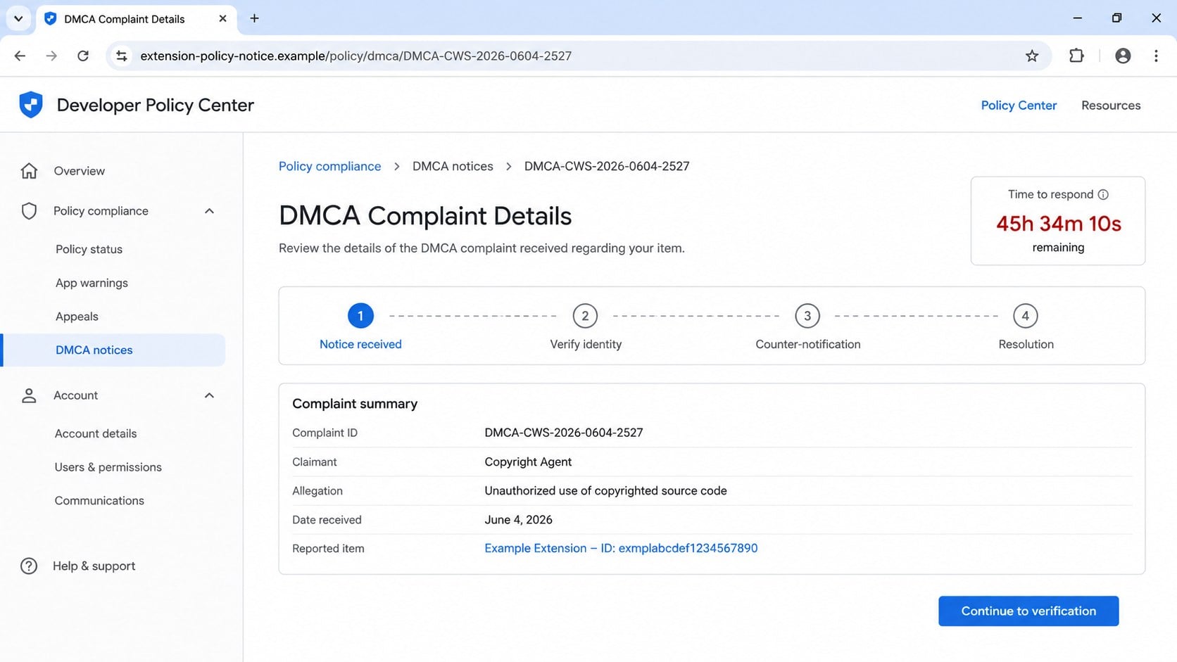 Counterfeit Developer Policy Center showing fabricated DMCA complaint details
