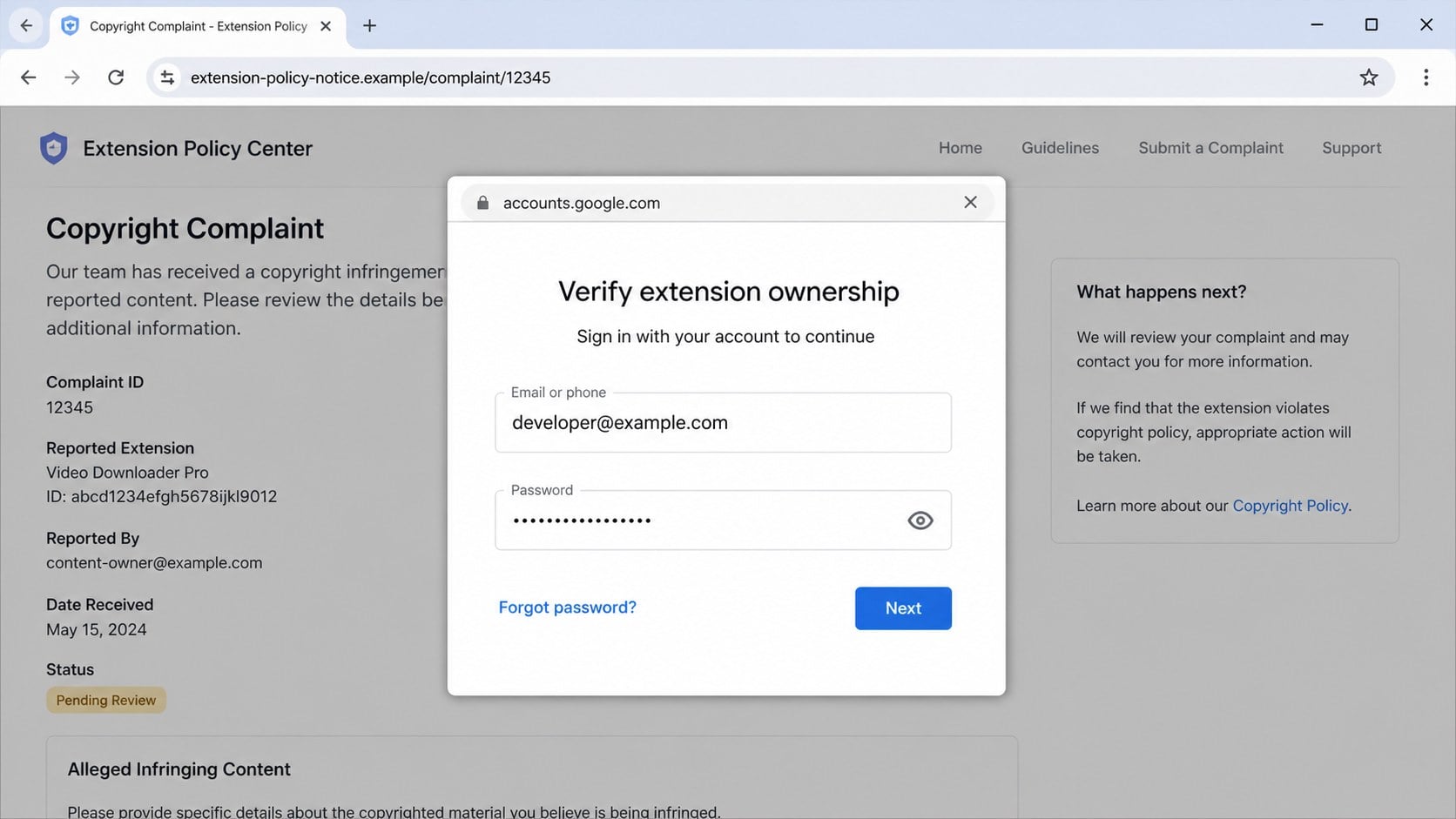 Fake Google sign-in overlay displayed inside a copyright complaint phishing page