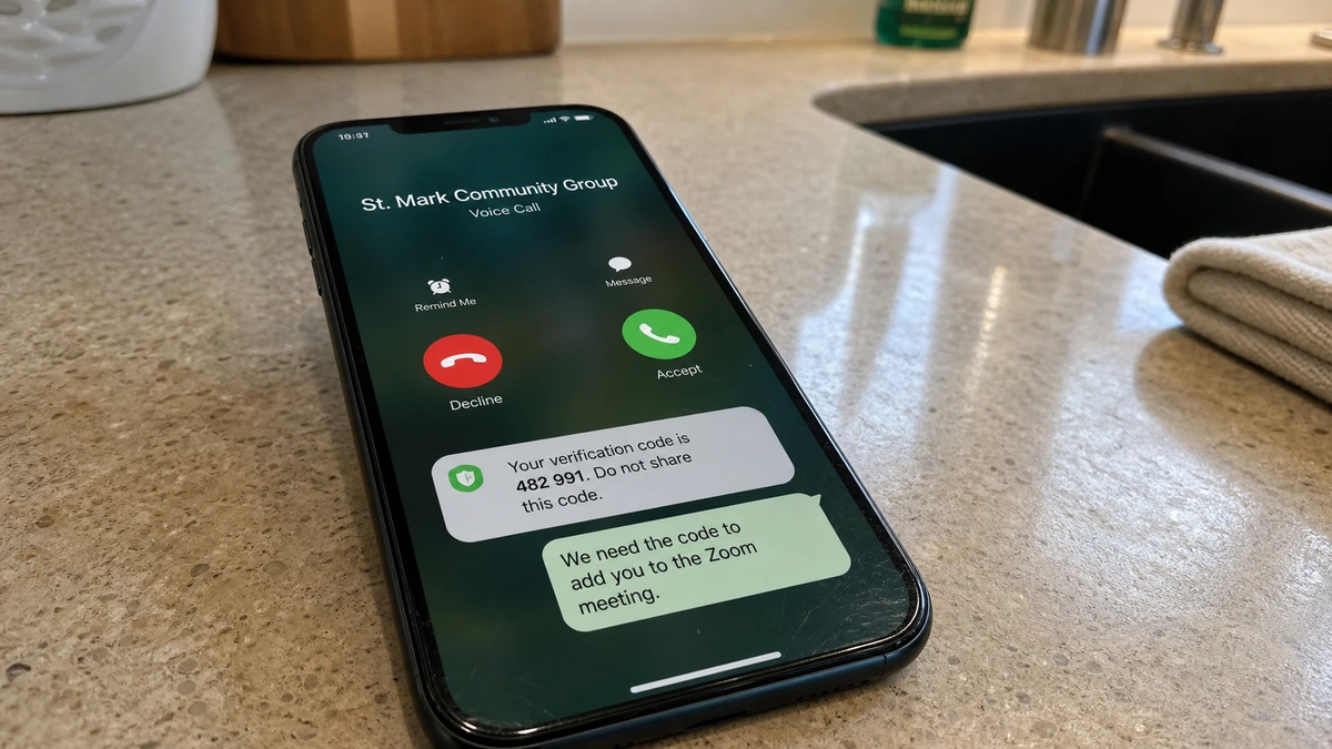 Realistic reconstruction of a church group impersonator asking for a messaging verification code to join a supposed Zoom meeting