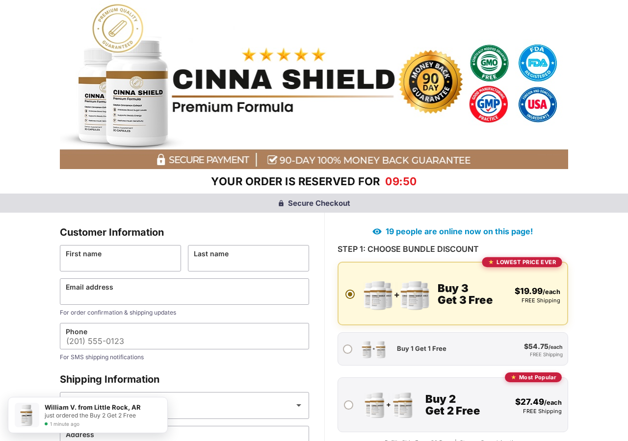 CinnaShield checkout with six-bottle bundle selected and package prices
