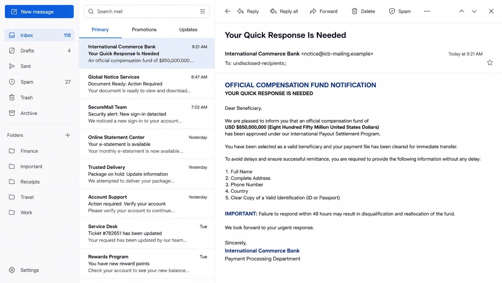 Fraudulent international bank email promising an enormous compensation fund