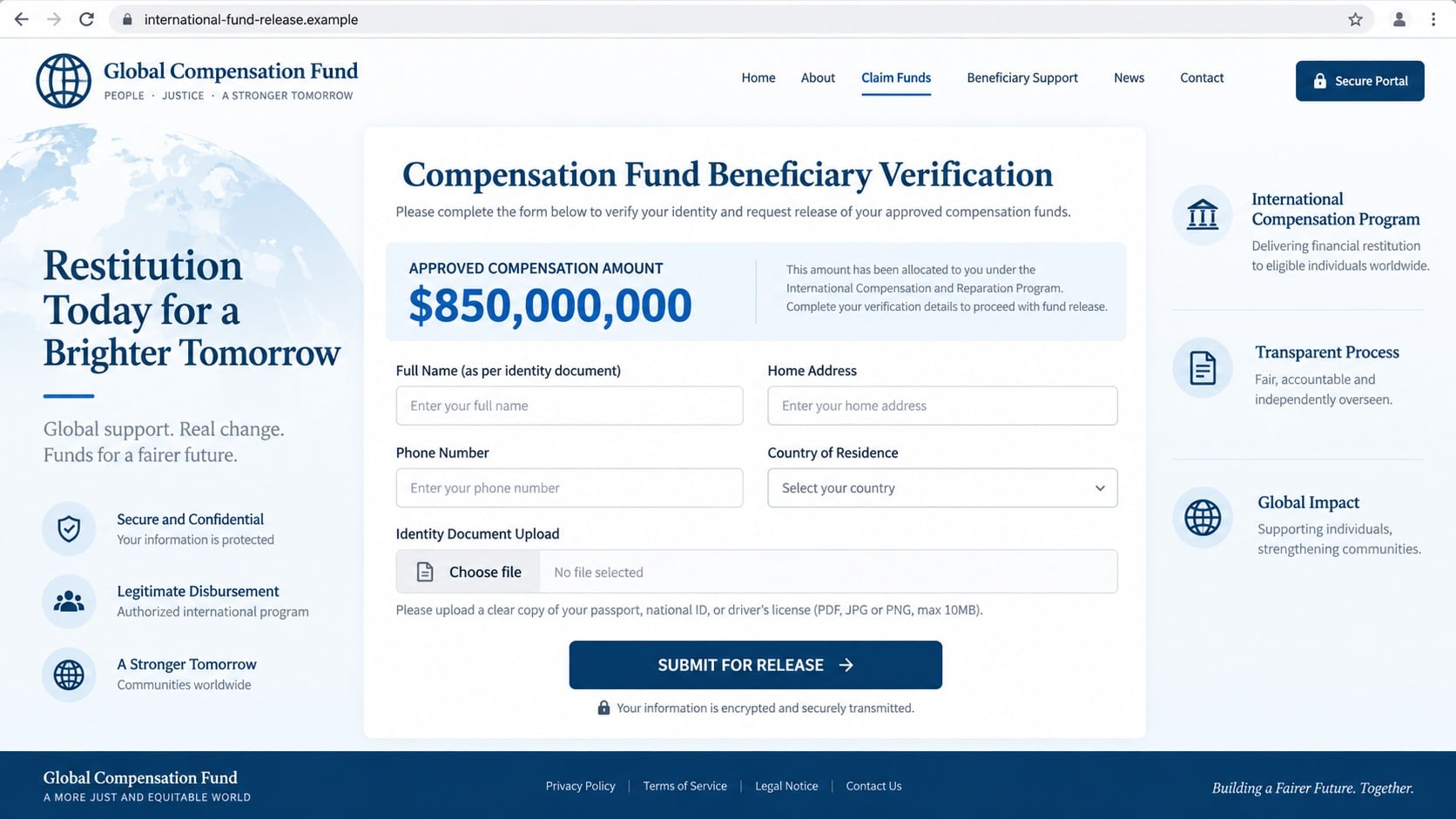 Fake compensation fund beneficiary form requesting identity documents and contact details