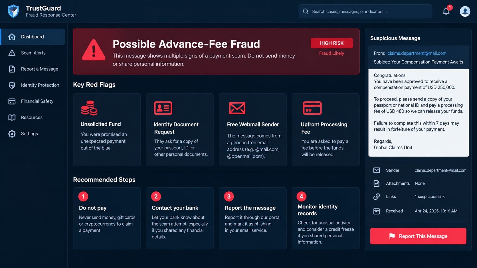 Fraud response screen listing advance fee and identity theft warning signs