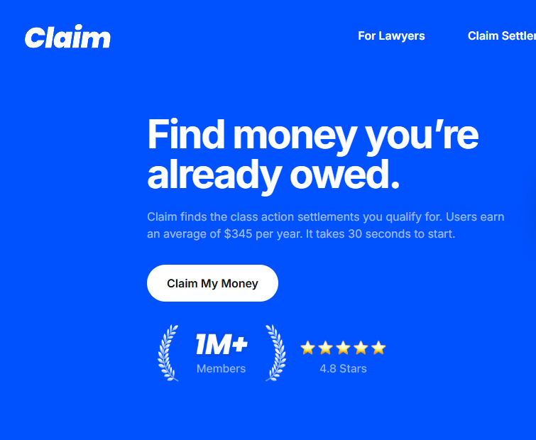 ClaimMoney homepage offering class action settlement matching and filing help
