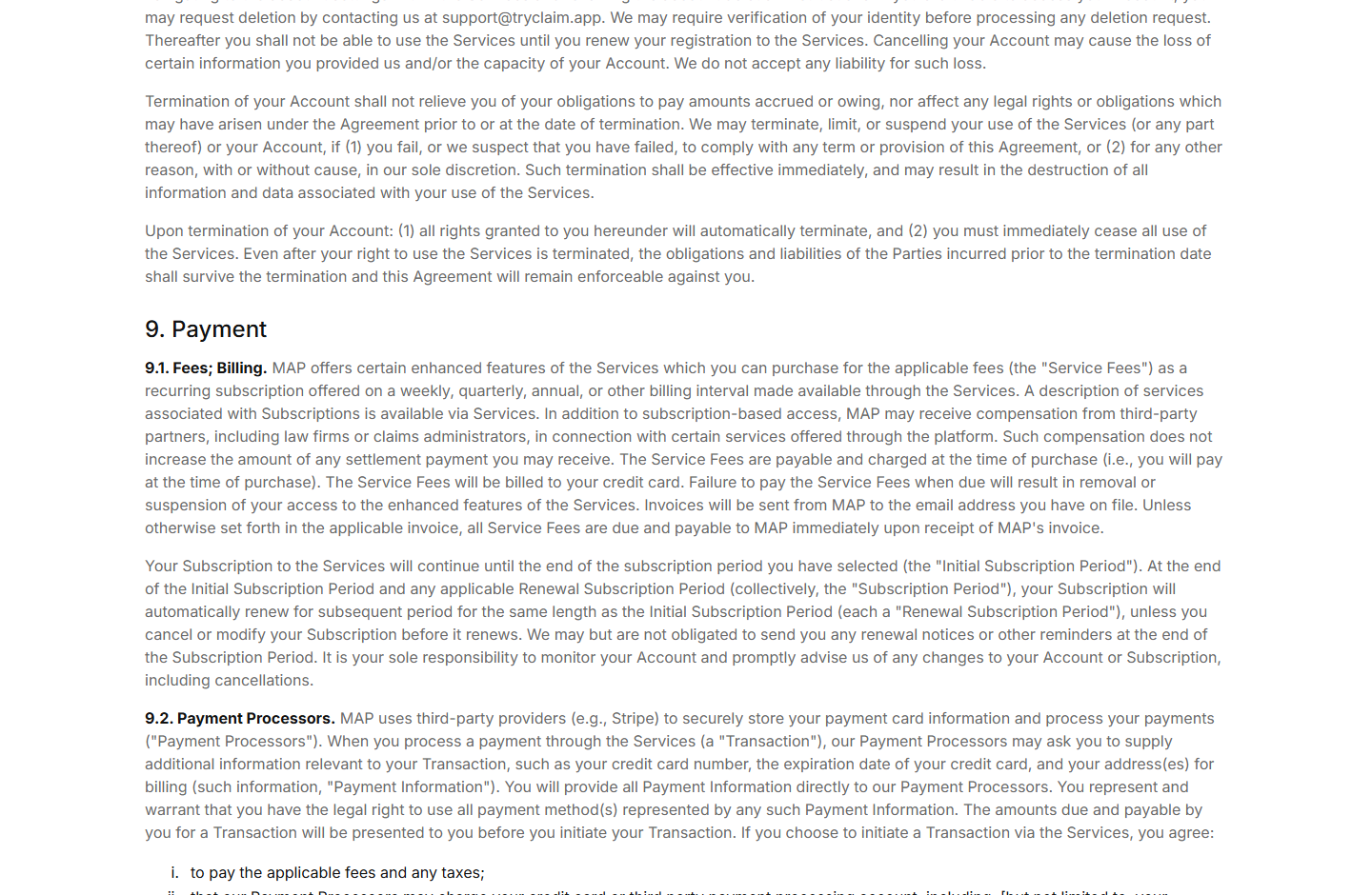 ClaimMoney terms describing recurring subscription fees and automatic renewal