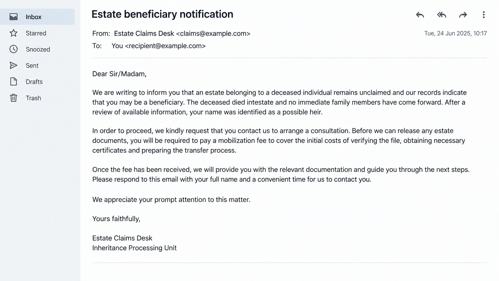 Illustrative reconstruction of a generic inheritance message requesting an advance fee, not the reported Claire-Marie Cornford letter