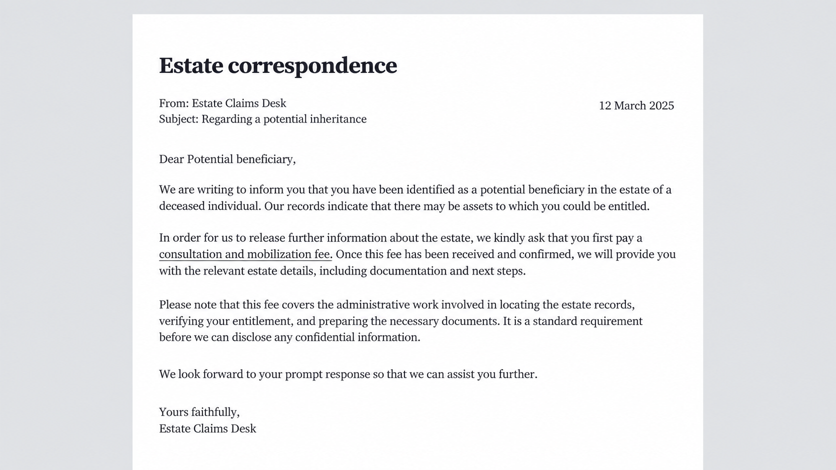 Illustrative generic estate email highlighting the advance-fee request without real payment information