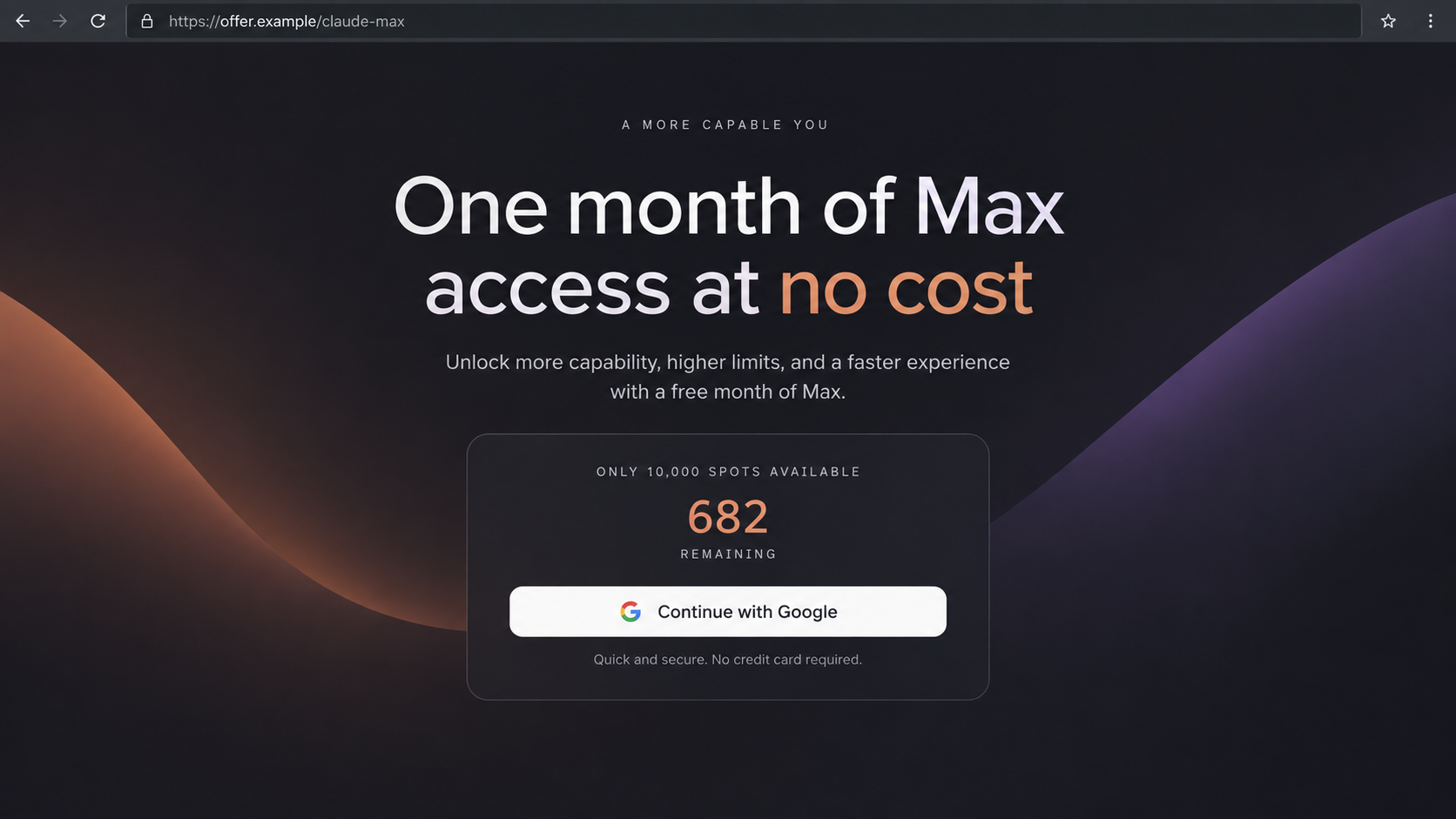 Reconstruction of a fake Claude Max free-month giveaway with a shrinking availability counter