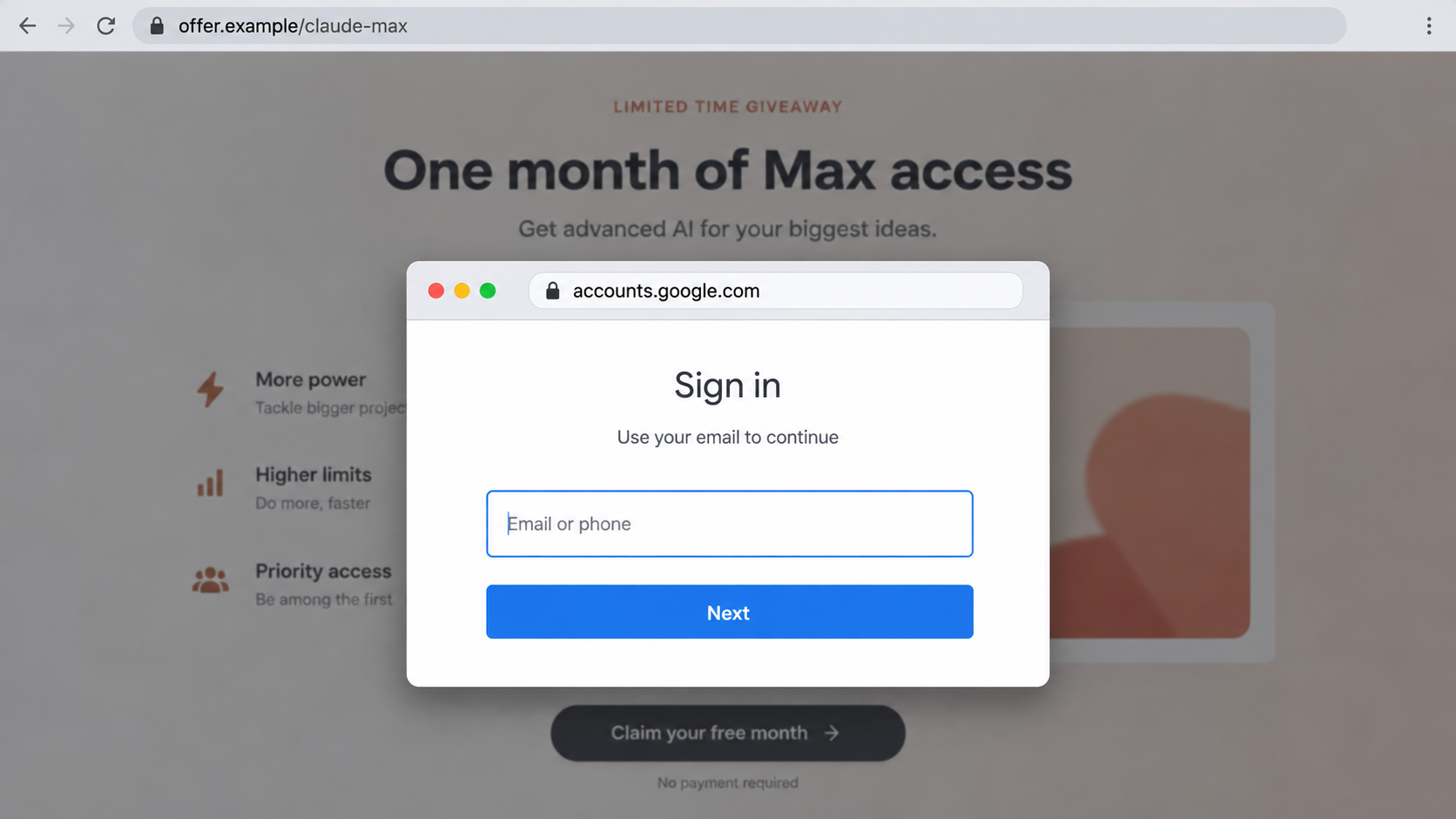 Reconstruction of a fake Google sign-in window drawn inside a giveaway webpage