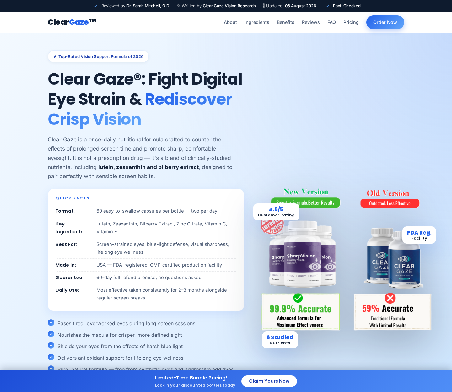 Clear Gaze supplement sales page making vision support claims