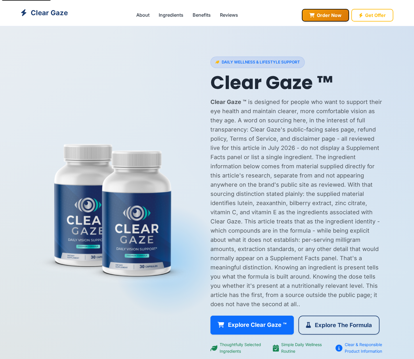 Alternate Clear Gaze page discussing missing public Supplement Facts details