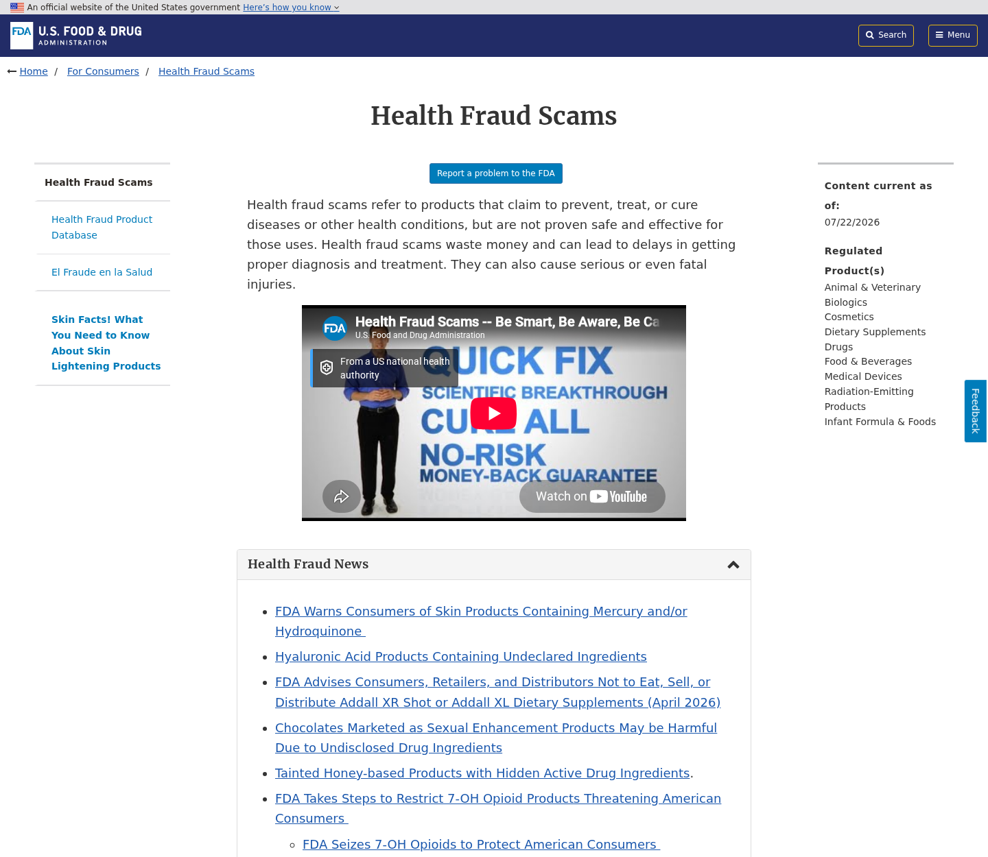 FDA consumer page warning about health fraud scams